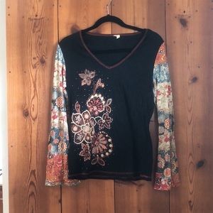 Black Top with floral bell sleeves